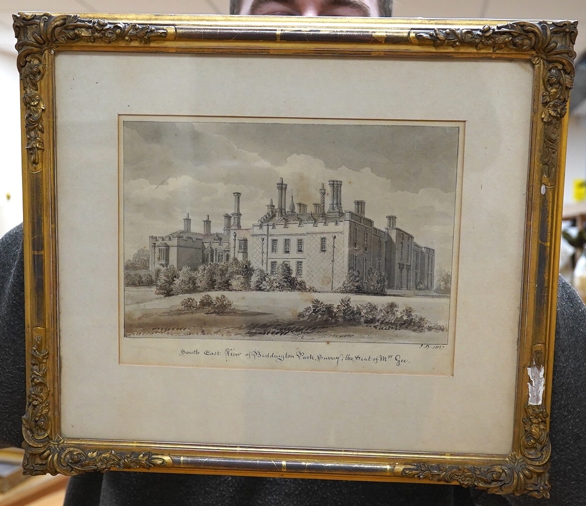 J.B., en grisaille watercolour, 'South East View of Beddington Park, Surrey', initialled and dated 1827, 19 x 26cm, gilt frame. Condition - fair